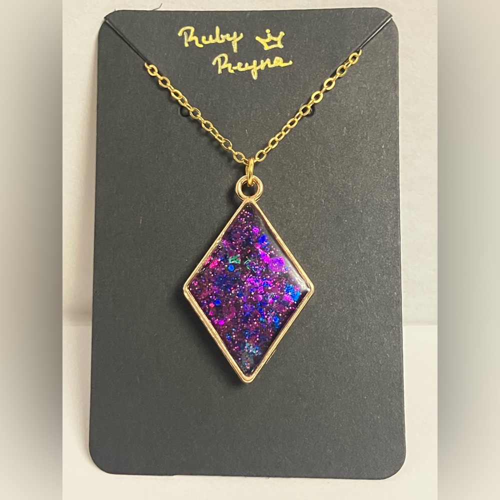 Handmade Purple Galaxy Resin Necklace – Glitter Diamond Pendant - Picture 3 of 6